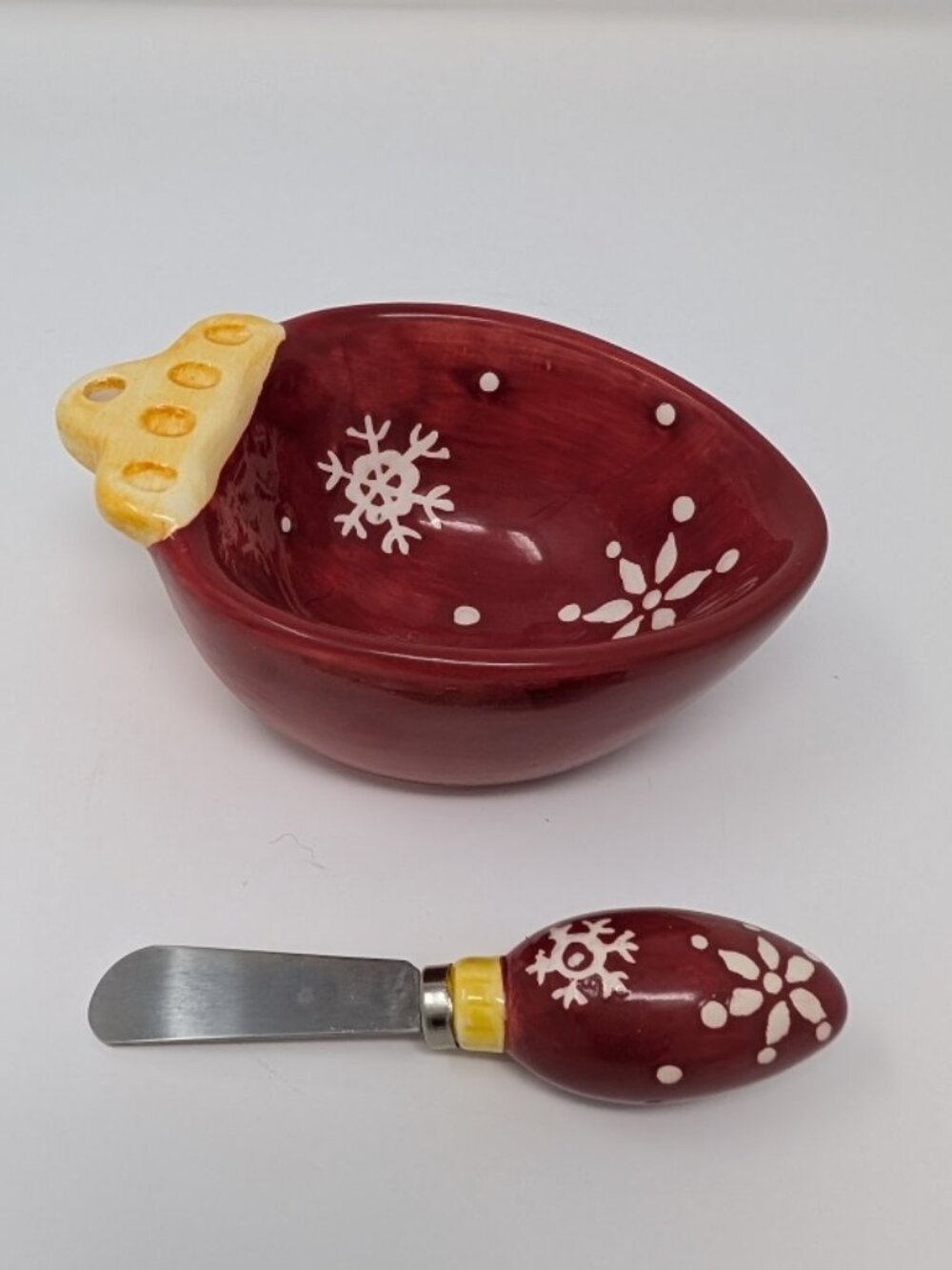 Christmas Ornament Dip Bowl & Spreader Set - Red Ceramic Snowflake Holiday Serve